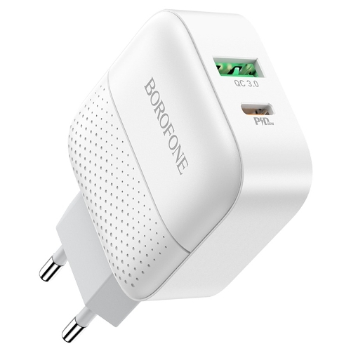Сетевое зарядное устройство BOROFONE BA46A Premium, один порт USB, один порт Type-C, PD, 18W, 5V, 3.0A, белый