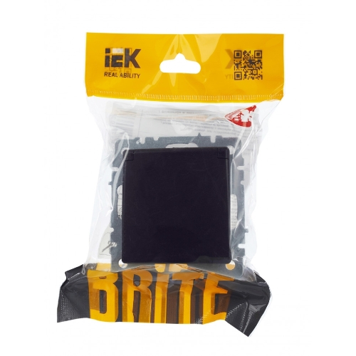 Розетка 1-местная IEK BRITE РСбш10-3-БрЧ (BR-R16-16-K02) с заземлением, с защитными шторками и крышкой, 16А, IP20, черный