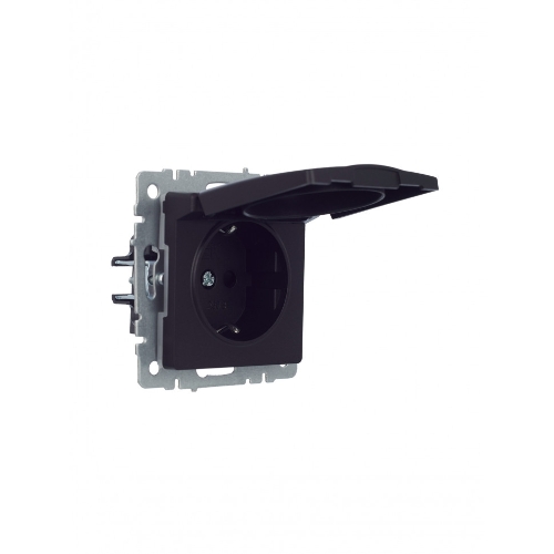 Розетка 1-местная IEK BRITE РСбш10-3-БрЧ (BR-R16-16-K02) с заземлением, с защитными шторками и крышкой, 16А, IP20, черный