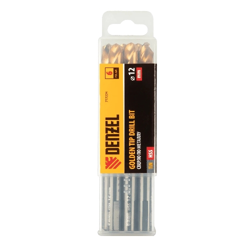 Сверло по металлу Denzel 12 мм, HSS-Tin, Golden Tip, 6 шт.