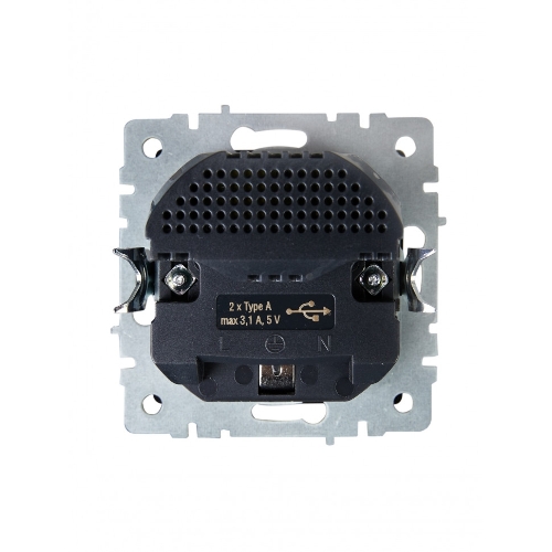 Розетка 1-местная IEK BRITE РЮш10-2-БрЧ (BR-R14-16-U21-D31-K02) с заземлением, с защитными шторками, 16А, с USB A+A 5В 3,1А, черный