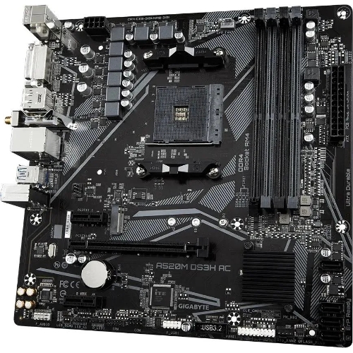 Материнская плата Gigabyte A520M DS3H AC, AM4, AMD A520, 4xDDR4, 4xSATA, 1xM.2, 1xPCIe 3.0 x16, 2xPCIe x1, 1xHDMI, 1xDP, 1xDVI-D, 1x 1Gb LAN, Wi-Fi, Bluetooth, 4xUSB-A 3.2 Gen 1, 2xUSB-A 2.0, 3x3.5 мм, 7.1, mATX