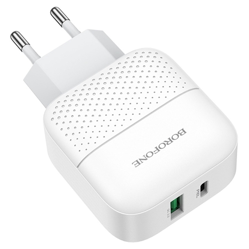 Сетевое зарядное устройство BOROFONE BA46A Premium, один порт USB, один порт Type-C, PD, 18W, 5V, 3.0A, белый