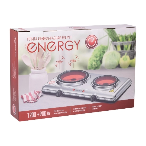 Плита настольная электрическая Energy EN-911 серебристый, 2,1 кВт, ТЭН, конфорки - 2, стеклокерамика, поворотные переключатели