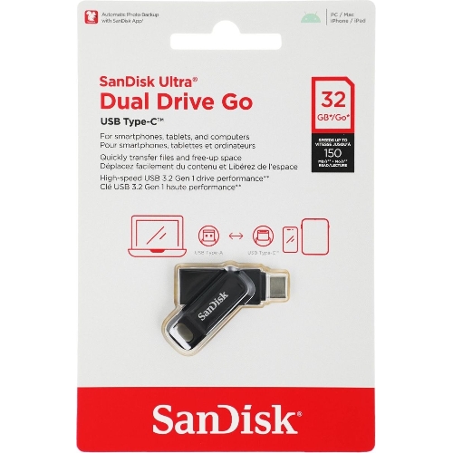 Флешка USB Sandisk DDC3 (SDDDC3-032G-G46), 32Gb, USB 3.0/USB Type-C, R/W 150/30, черный