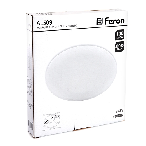 Светильник светодиодный Feron ДВО-34w 4000К 3400Лм slim белый с регулируемым монтажным диаметром (до 210мм)
