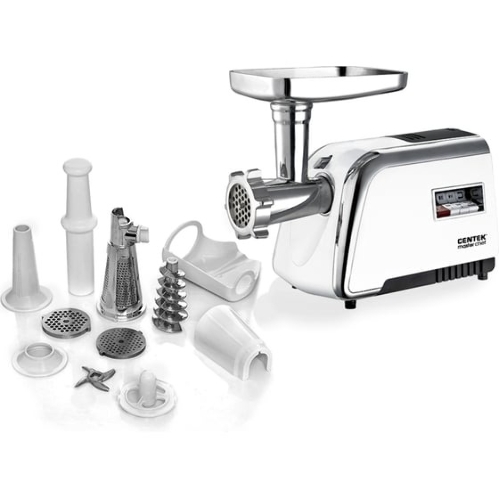 Мясорубка электрическая Centek CT-1602 Juice белый, 2000 Вт, 2.0 кг/мин, реверс, защита от перегрузки, металлический лоток, насадки - 5