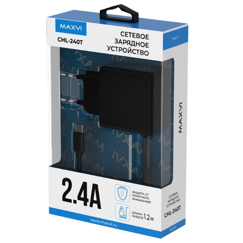 Сетевое зарядное устройство Maxvi CHL-240T 2.4A, with Type-C cable, черный