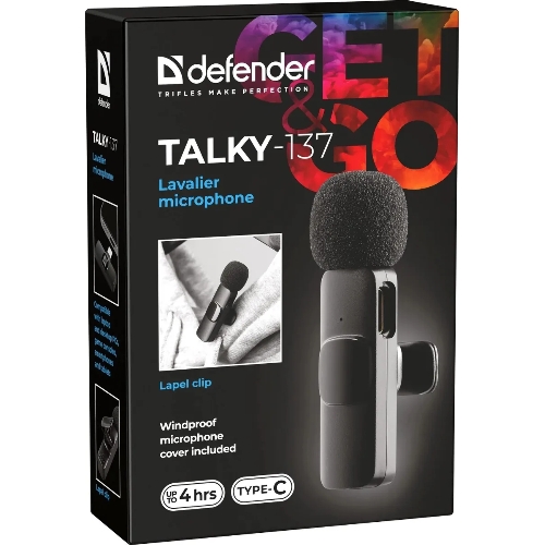 Петличный микрофон Defender Talky-137 wrls, черный, на прищепке, 1шт