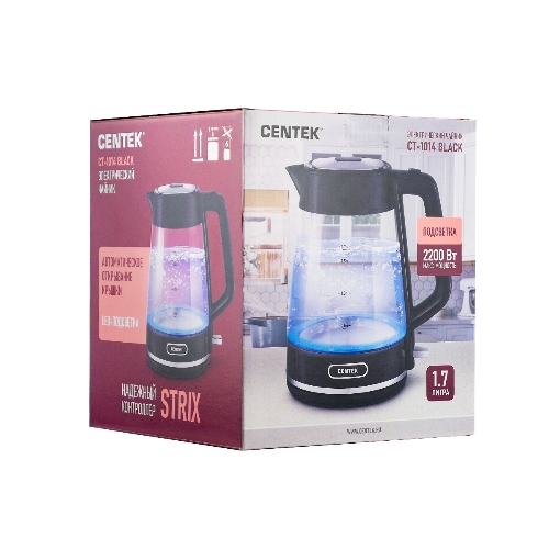 Чайник электрический Centek CT-1014 черный стекло 1.7 л, 2200 Вт, LED, Защита от перегрева, STRIX контроллер