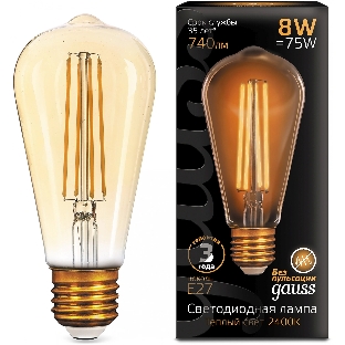 Лампа светодиодная филаментная Gauss Filament ST64 8Вт цок.: E27 эдисон 220B св. свеч. бел. теп. (упак.: 10 шт)