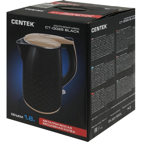 Чайник электрический Centek CT-0025 черный металл 1.8л, 1800W, двойные стенки, кнопка вкл. на ручке