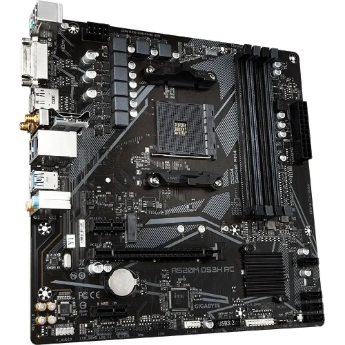 Материнская плата Gigabyte A520M DS3H AC, AM4, AMD A520, 4xDDR4, 4xSATA, 1xM.2, 1xPCIe 3.0 x16, 2xPCIe x1, 1xHDMI, 1xDP, 1xDVI-D, 1x 1Gb LAN, Wi-Fi, Bluetooth, 4xUSB-A 3.2 Gen 1, 2xUSB-A 2.0, 3x3.5 мм, 7.1, mATX