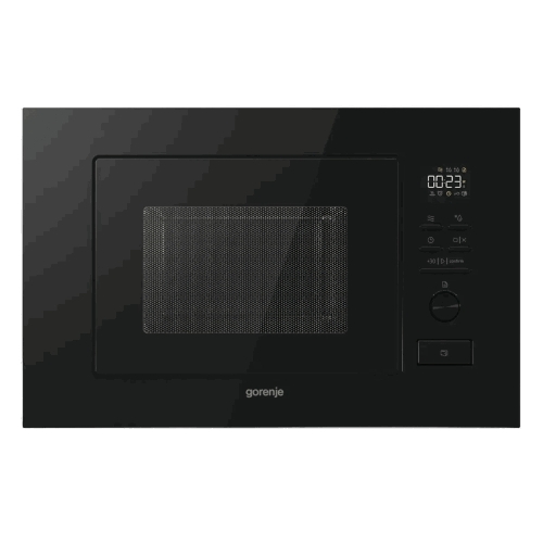 Встраиваемая микроволновая печь Gorenje, 20 л, 5 уровней мощности, 8 автопрограмм, электронное управление/утапливаемый переключатель, дисплей, гриль, поворотный стол, пошаговое приготовление, быстрый старт, черный