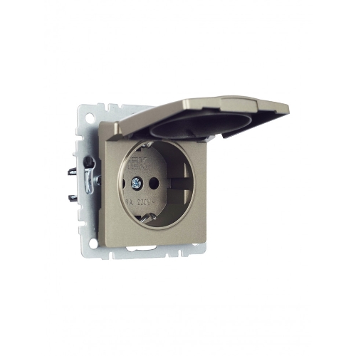 Розетка 1-местная BRITE IEK РСбш10-3-БрШ (BR-R16-16-K37) с заземлением, с защитными шторками и крышкой, 16А, IP20, шампань