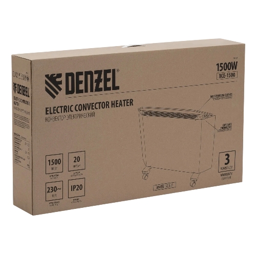 Конвектор электрический Denzel XCE-1500 белый, 1500 Вт, 20 м2, термостат