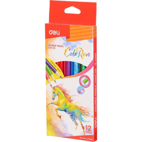 Карандаши цветные Deli EC00300 ColoRun, трехгранный профиль, тополь, 12 цветов, коробка с европодвесом