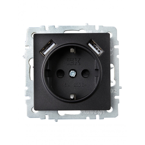 Розетка 1-местная IEK BRITE РЮш10-2-БрЧ (BR-R14-16-U21-D31-K02) с заземлением, с защитными шторками, 16А, с USB A+A 5В 3,1А, черный