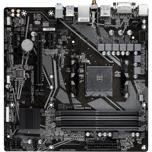 Материнская плата Gigabyte A520M DS3H AC, AM4, AMD A520, 4xDDR4, 4xSATA, 1xM.2, 1xPCIe 3.0 x16, 2xPCIe x1, 1xHDMI, 1xDP, 1xDVI-D, 1x 1Gb LAN, Wi-Fi, Bluetooth, 4xUSB-A 3.2 Gen 1, 2xUSB-A 2.0, 3x3.5 мм, 7.1, mATX