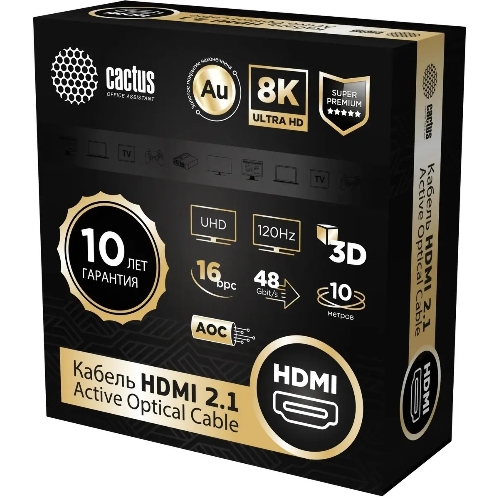 Кабель аудио-видео Cactus CS-HDMI-AOC-2.1-10 HDMI (m)/HDMI (m) 10м. позолоч.конт. черный