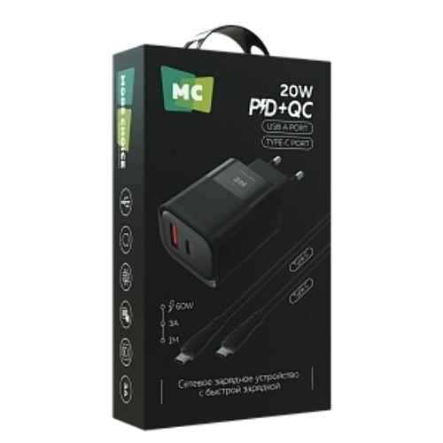 Сетевое зарядное устройство MORE CHOICE NC81a СЗУ 1USB+1Type-C 3.0A PD 20W+ QC3.0, черный