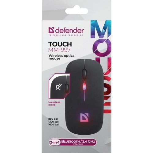 Мышь беспроводная Defender Touch MM-997 черный, 1600 dpi, радиоканал, Bluetooth, USB, кнопки - 4