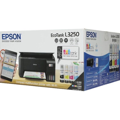 МФУ струйное Epson L3250 (C11CJ67412/C11CJ67418/C11CJ67405/C11CJ67408/C11CJ67503/C11CJ67508/C11CJ67523/C11CJ67525), A4, цветное, печ. до 33 стр/мин. (ч/б) до 15 стр/мин. (цвет), скан. до 11 стр/мин. (ч/б) 28 стр/мин. (цвет), 1440 x 5760 dpi (печать) 1200x2400dpi (скан.), USB, Wi-Fi