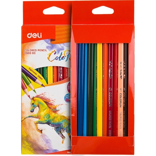 Карандаши цветные Deli EC00300 ColoRun, трехгранный профиль, тополь, 12 цветов, коробка с европодвесом