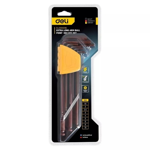 Ключ Deli Набор шестигранных ключей с шаром сверхдлинных Deli DL230809G 9 шт Cr-V, размеры 1,5,2,2,5,3,4,5,6,8,10мм, пластиковый держатель