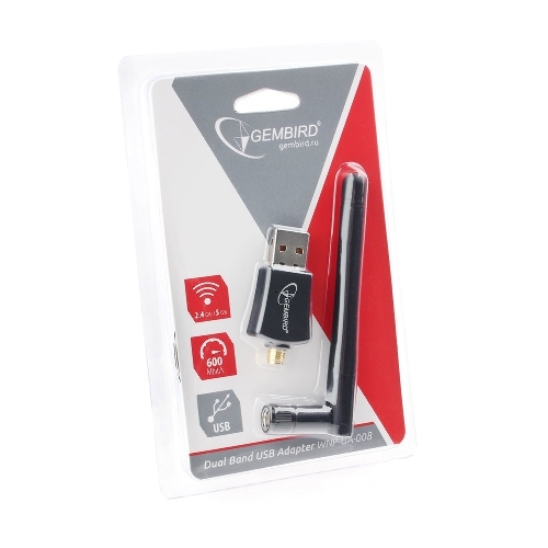 Сетевой адаптер Wi-Fi+Bluetooth Gembird WNP-UA-019, двухдиапазонный с антенной, 600Мбит, USB, 802.11b/a/g/n/a