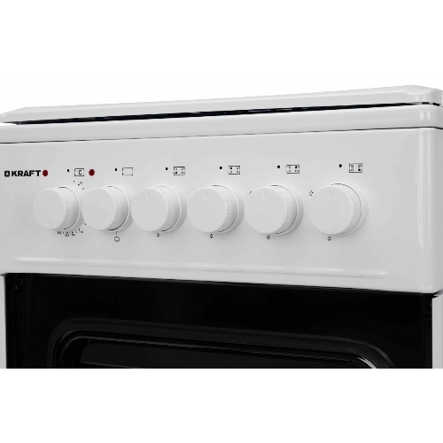 Плита комбинированная Kraft KF-FSK5302EW белый, конфорок 4 газовых, духовка 58 л, 50 см x 85.5 см x 55 см