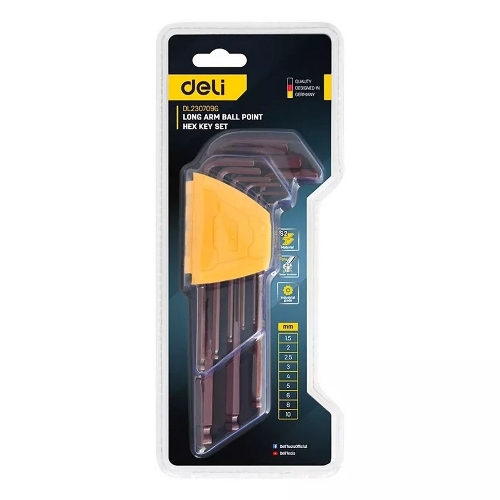 Ключ Deli Набор шестигранных ключей с шаром удлиненных Deli DL230709G 9 шт S2, размеры 1,5,2,2,5,3,4,5,6,8,10мм, пластиковый держатель