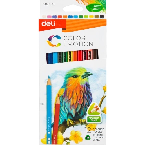 Карандаши цветные Deli EC00200 Color Emotion, трехгранный профиль, липа, 12 цветов, коробка с европодвесом (12шт)