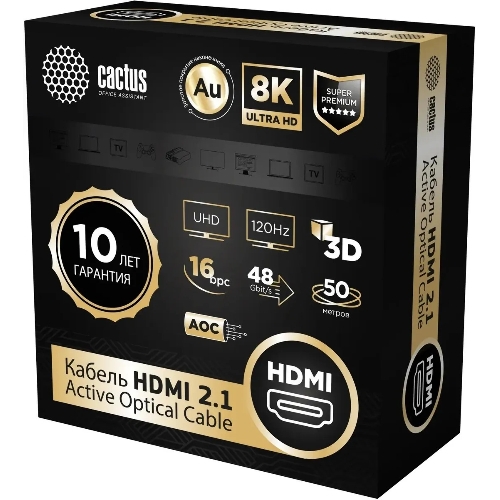 Кабель аудио-видео Cactus CS-HDMI-AOC-2.1-50 HDMI (m)/HDMI (m) 50м. позолоч.конт. черный
