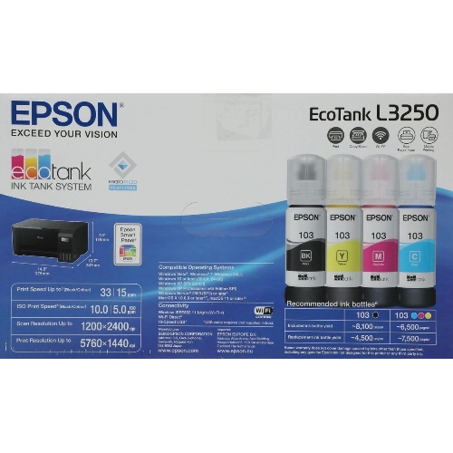 МФУ струйное Epson L3250 (C11CJ67412/C11CJ67418/C11CJ67405/C11CJ67408/C11CJ67503/C11CJ67508/C11CJ67523/C11CJ67525), A4, цветное, печ. до 33 стр/мин. (ч/б) до 15 стр/мин. (цвет), скан. до 11 стр/мин. (ч/б) 28 стр/мин. (цвет), 1440 x 5760 dpi (печать) 1200x2400dpi (скан.), USB, Wi-Fi