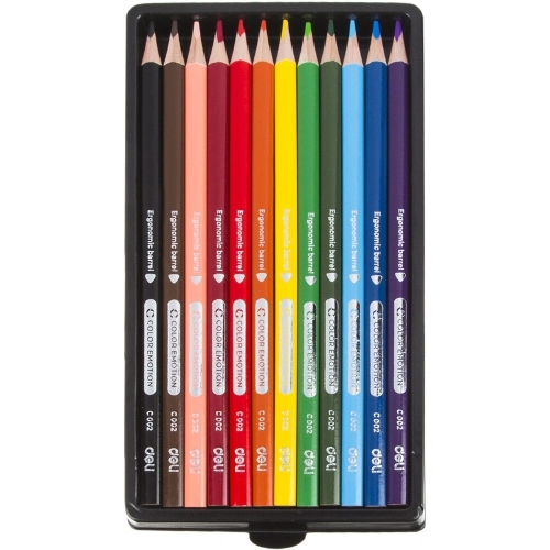 Карандаши цветные Deli EC00200 Color Emotion, трехгранный профиль, липа, 12 цветов, коробка с европодвесом (12шт)