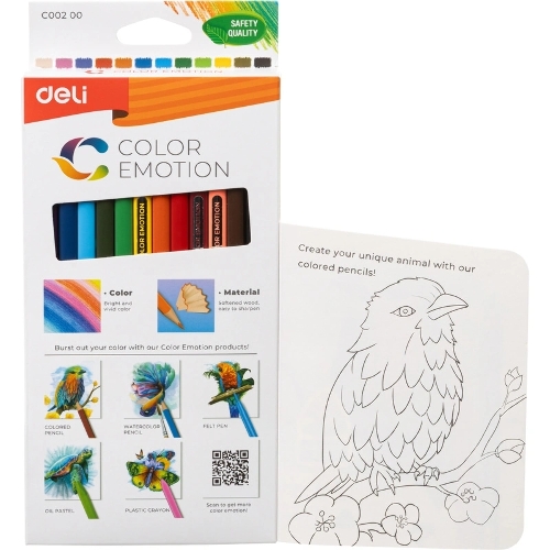 Карандаши цветные Deli EC00200 Color Emotion, трехгранный профиль, липа, 12 цветов, коробка с европодвесом (12шт)