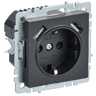 Розетка 1-местная IEK BRITE РЮш10-2-БрЧ (BR-R14-16-U21-D31-K02) с заземлением, с защитными шторками, 16А, с USB A+A 5В 3,1А, черный