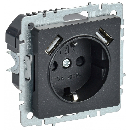 Розетка 1-местная IEK BRITE РЮш10-2-БрЧ (BR-R14-16-U21-D31-K02) с заземлением, с защитными шторками, 16А, с USB A+A 5В 3,1А, черный