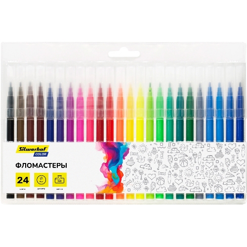 Фломастеры Silwerhof Color 9мм 145мм, круглый корпус, пулевидный пишущий наконечник, вентилируемый колпачок, 24 цвета, пакет с европодвесом