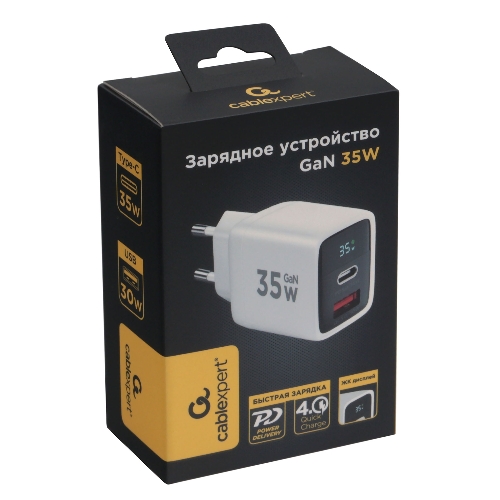 Сетевое зарядное устройство с дисплеем Cablexpert MP3A-PC-52, 35Вт GaN, QC3.0/PD3.0, 1хUSB, 1хType-C, белый, коробка