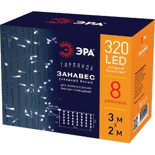 Гирлянда светодиодная новогодняя ЭРА ЕNIGW - 320W Занавес 8 режимов 3x2 м холодный белый 320 LED IP20