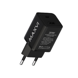 Сетевое зарядное устройство Maxvi A354PD Type-C 20W PD3.0 + USB 2.4A, черный
