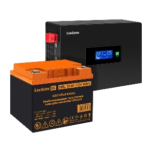Комплект Источник бесперебойного питания EX295993RUS + батарея 45Aч EX285666RUS 1шт (инвертор, синус, для котла, PF=1, настенный) ExeGate IdealSine SR-1000.LCD.2SH <1000VA/1000W, чистая синусоида, цветной LCD-дисплей, 2*Schuko, крепление настенное, черный> + батарея ExeGate HRL 12-45 (12В, 45А·ч) 1шт