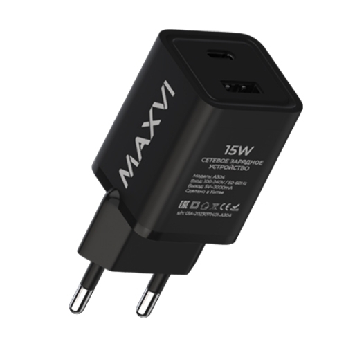Сетевое зарядное устройство Maxvi A304 Type-C\USB 3A 15W, черный