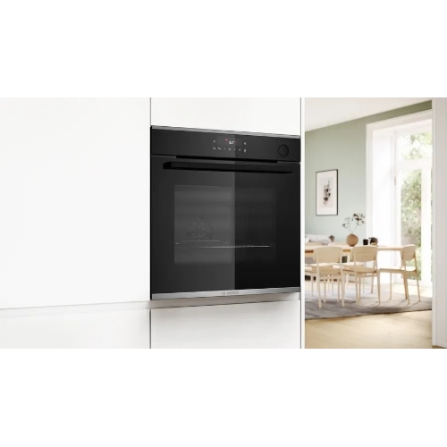 Встраиваемый духовой шкаф Bosch HRG232EB3 Serie 4 с добавлением пара Bosch, Auto Pilot 15, объем 71 л, 8 режимов нагрева, 3D Hotair, Soft move door,телескопические направляющие 1уровень,гидролиз+каталитическая очистка задней стенки,сенсорное управление,черный+профиль из нержавеющей стали