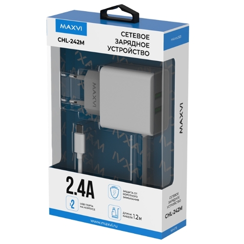 Сетевое зарядное устройство Maxvi CHL-242M 2.4A, with microUSB cable, 2хUSB-A, белый