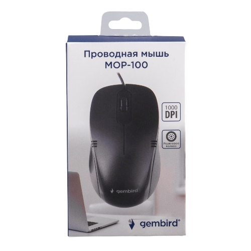 Мышь проводная Gembird MOP-100 черный, 1000 dpi, USB, кнопки - 3