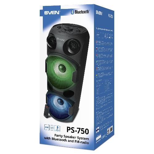 Колонка АС SVEN PS-750, черный (80 Вт, TWS, Bluetooth, FM, USB, microSD, LED-дисплей, 2х4400мА*ч)