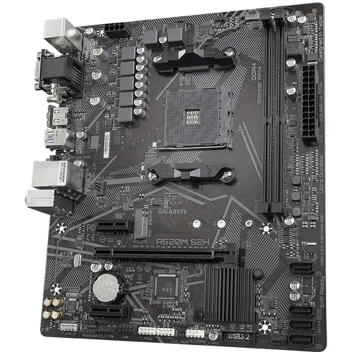 Материнская плата Gigabyte A520M S2H, AM4, AMD A520, 2xDDR4, 4xSATA, 1xM.2, 1xPCIe 3.0 x16, 2xPCIe x1, 1xHDMI, 1xDVI-D, 1xVGA, 1x 1Gb LAN, 4xUSB-A 3.2 Gen 1, 2xUSB-A 2.0, 3x3.5 мм, 7.1, mATX